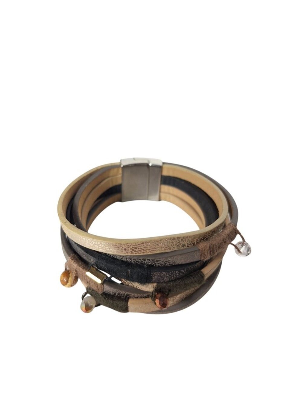 Boho Multi Strand Leather Cuff Wrap Bracelet Magnetic Clasp Beaded Earthy Neutra